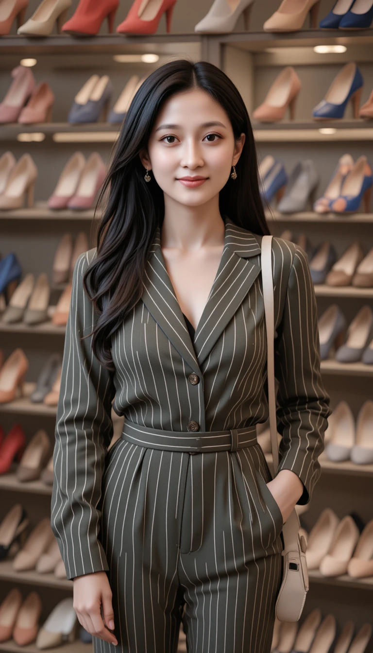 Smiling woman in olive outfit in front of colorful shoes