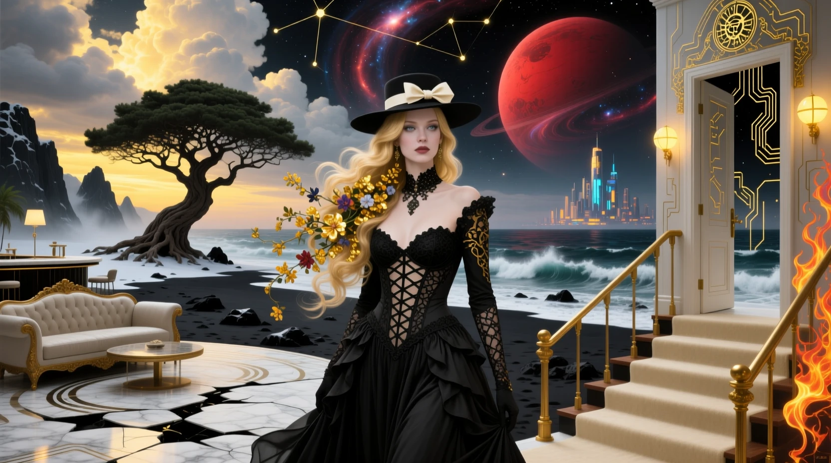 Gothic woman with floral hair before a cosmic living room