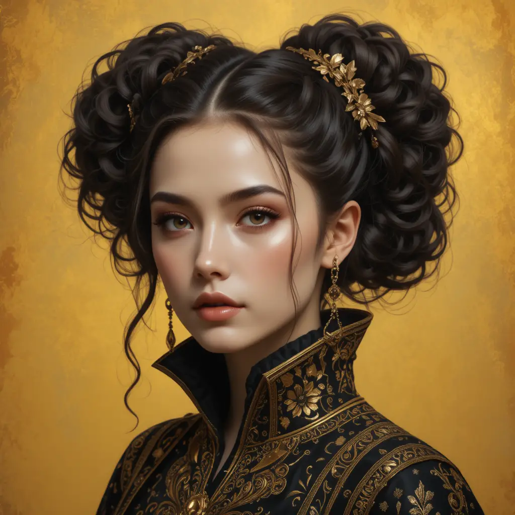 Regal digital portrait of a young woman in black and gold