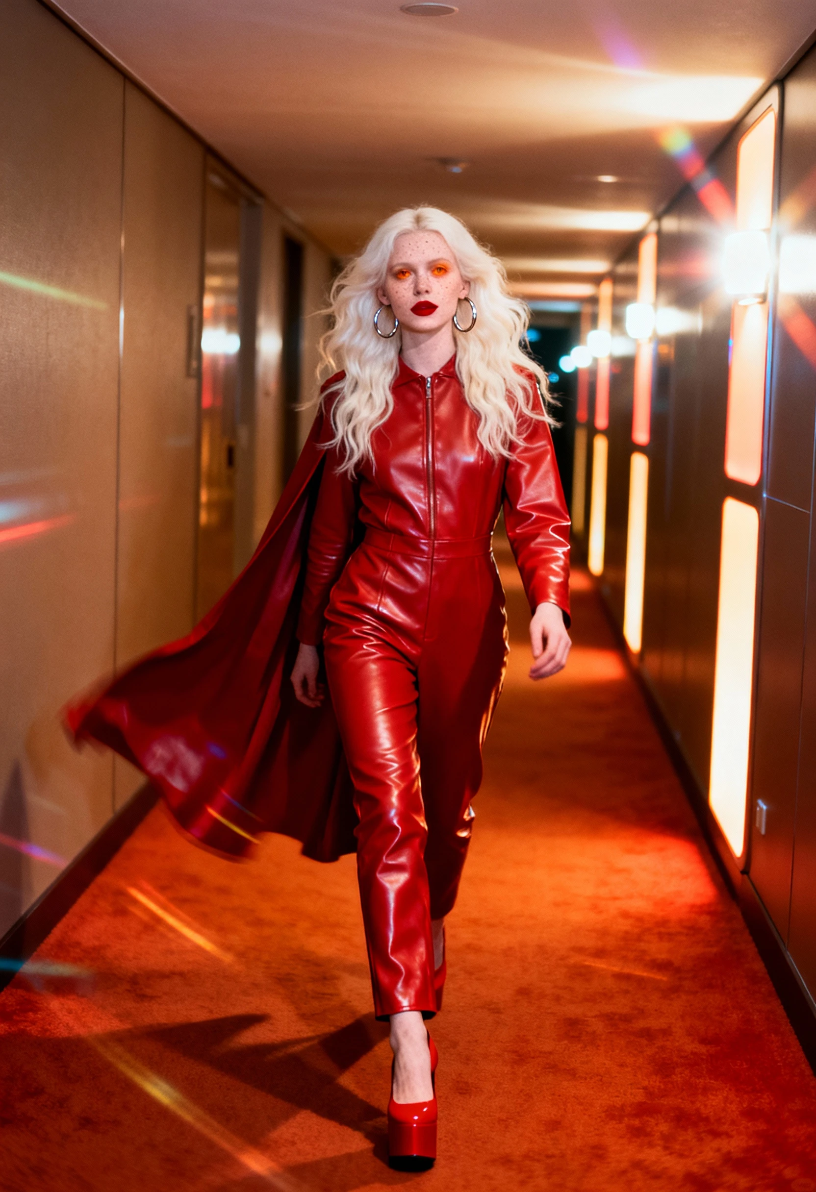 Albino woman in red leather walking a glowing retro corridor