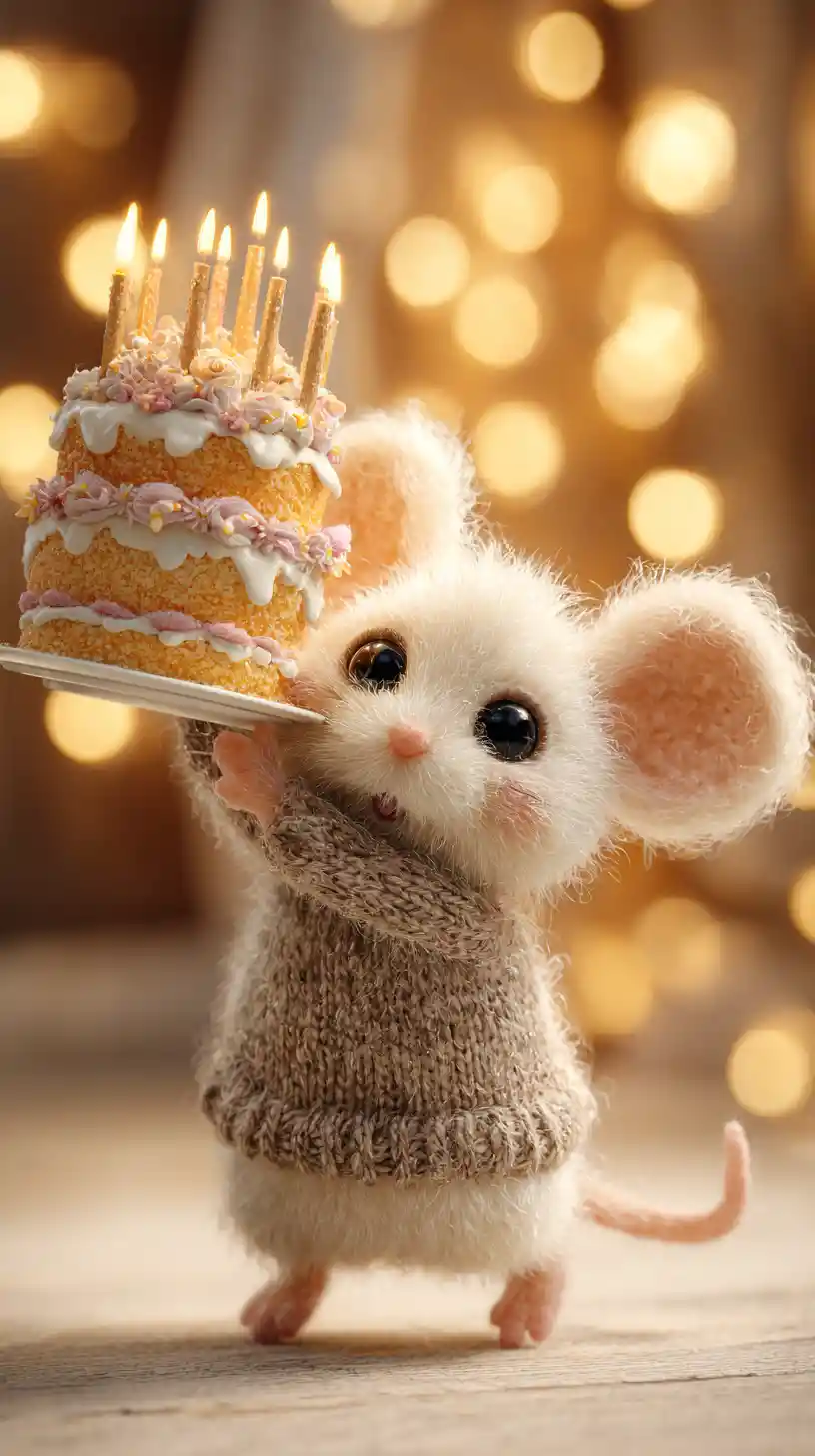Dolcissimo topolino che porta una gigantesca torta di compleanno luminosa