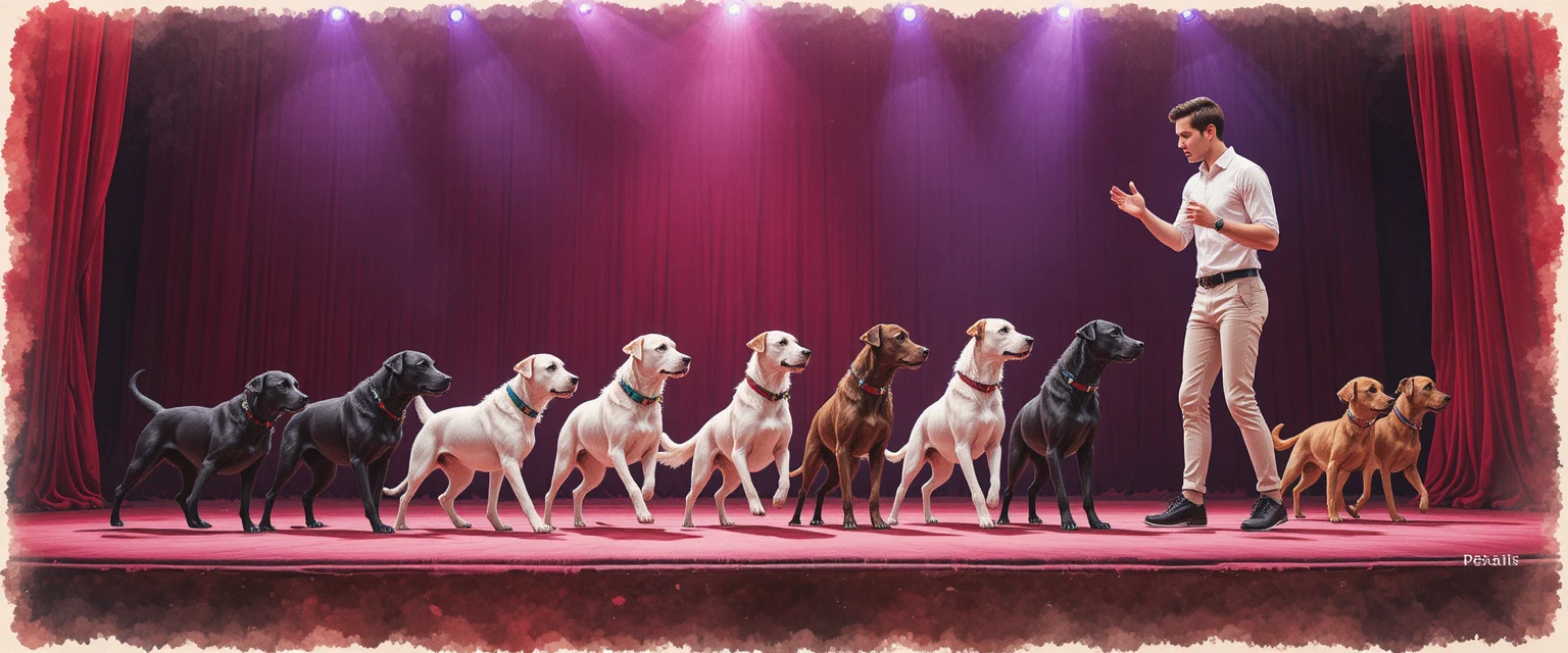 Hunde-Agility-Show auf roter Bühne mit Traineranleitung