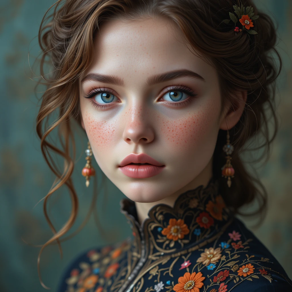 Young woman portrait with blue eyes and floral details