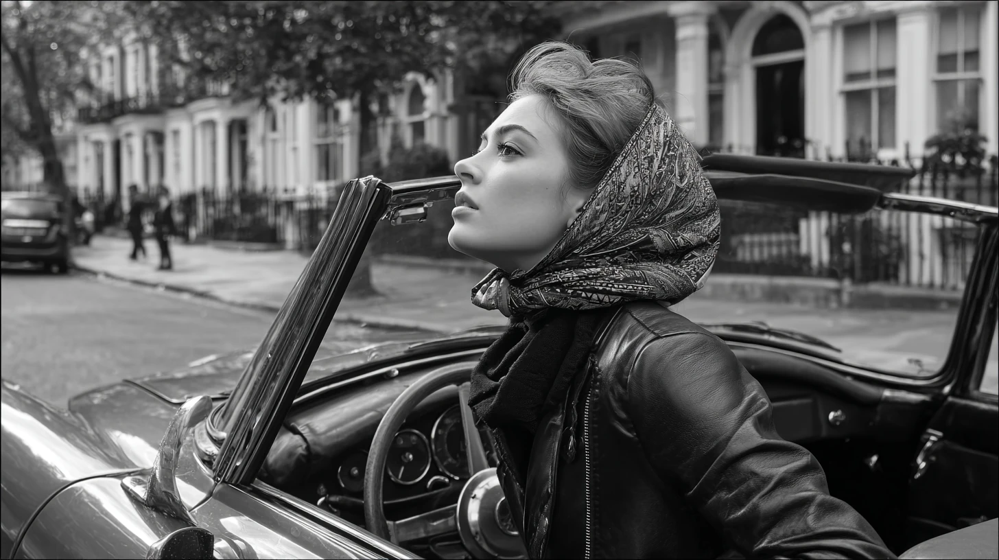 Donna con foulard seduta in una cabriolet d’epoca a Londra