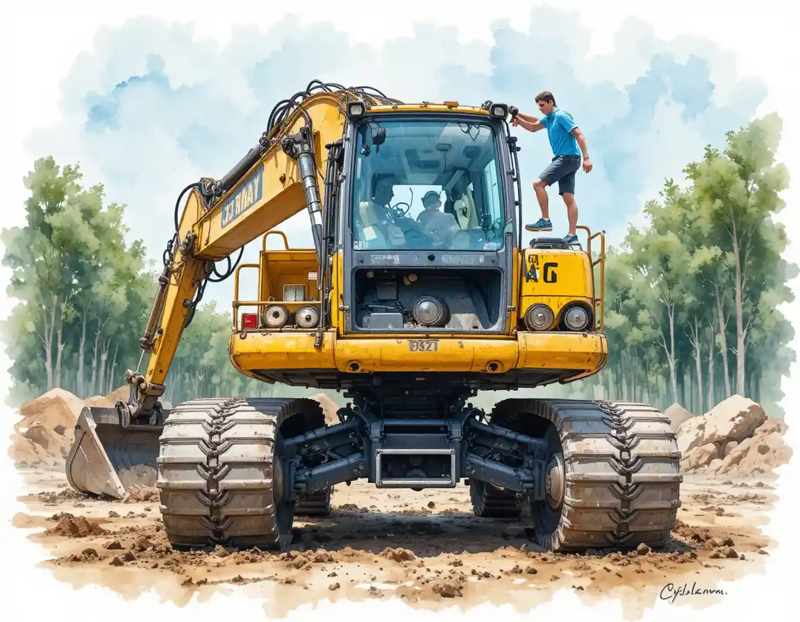 Grande excavatrice jaune avec ouvrier devant sur un chantier