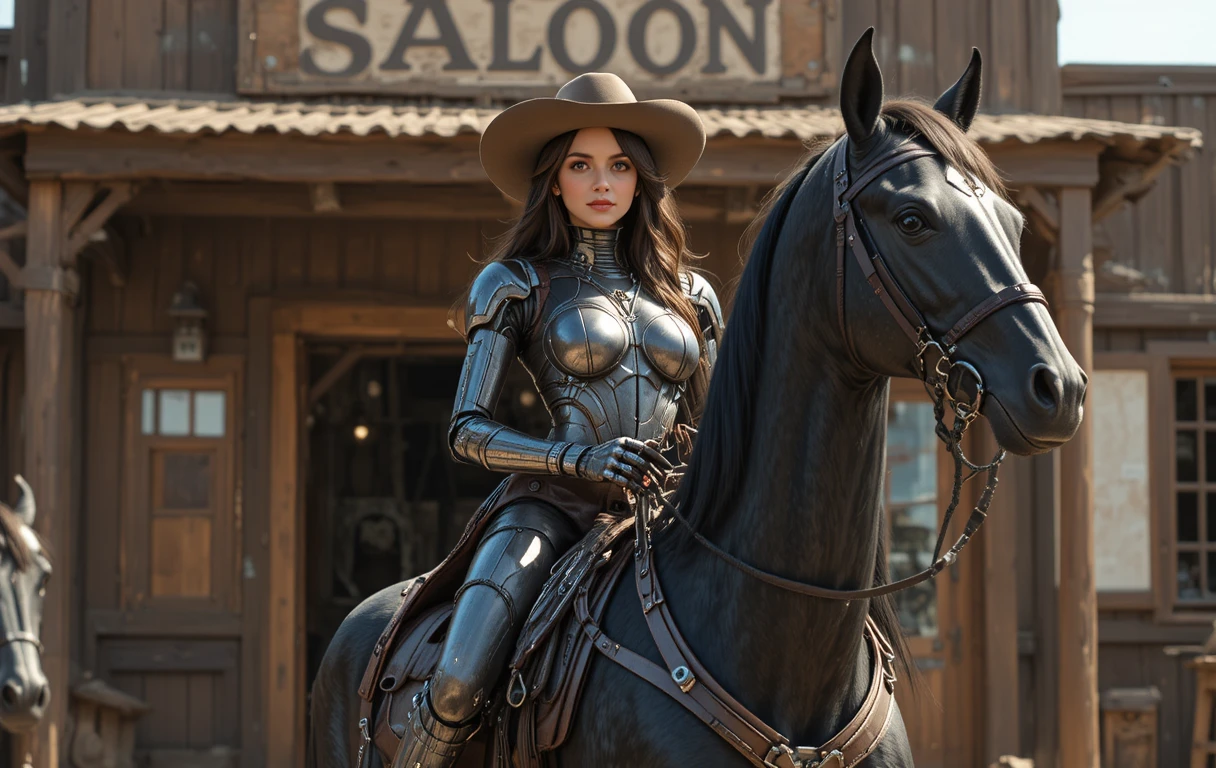 Cyborg cowgirl on a black horse outside a western saloon