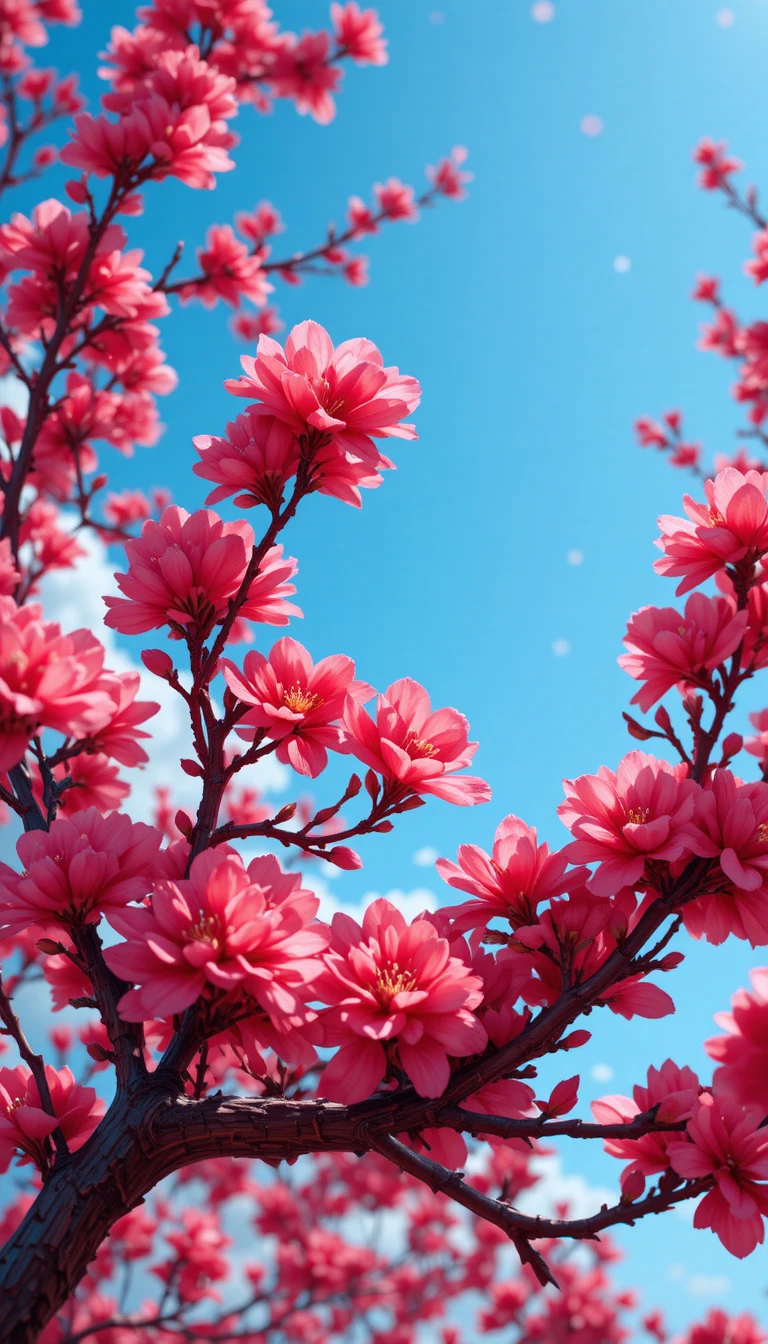 Red Sakura Branch In Bloom Against Clear Blue Sky