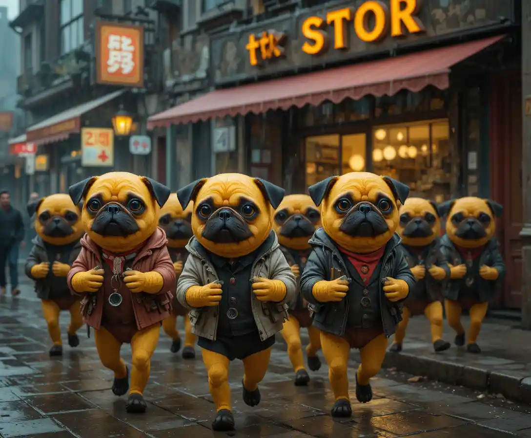 Cartoon creatures rushing through a rainy city street