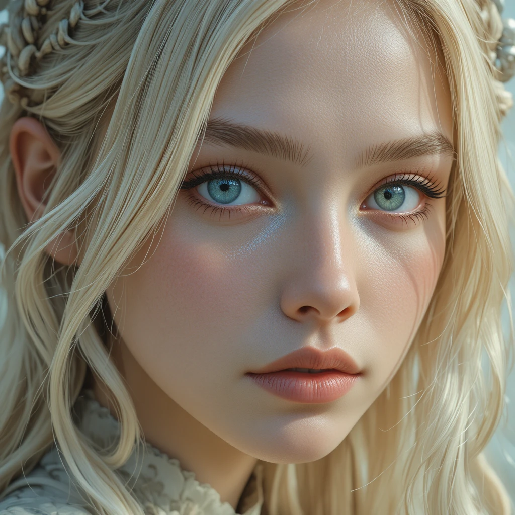 Young blonde woman close up portrait with green eyes