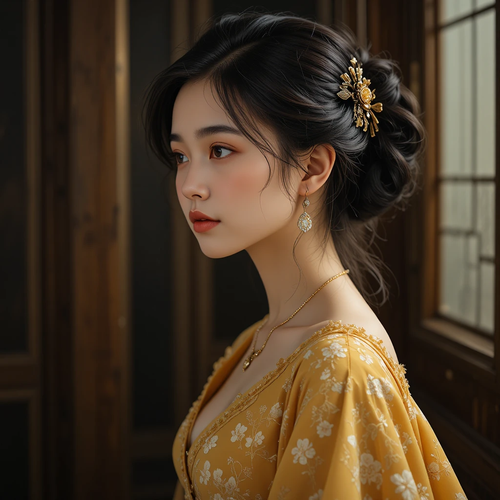 Young Asian woman in yellow floral dress in profile