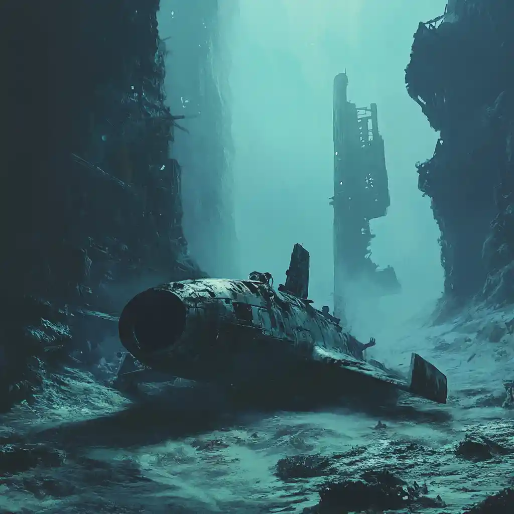 Abandoned submersible on seabed with colossal skeletal ruins