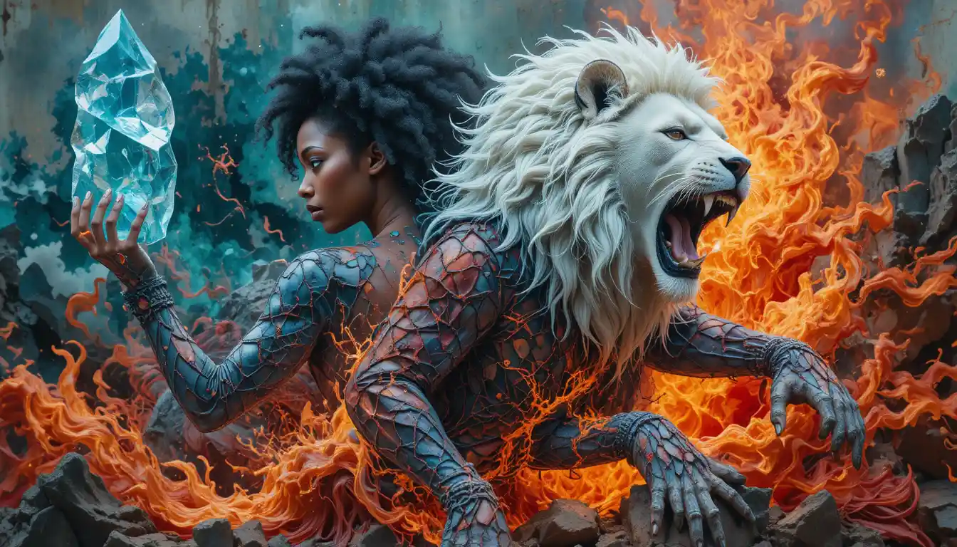 Femme afrocentrique et lion blanc émergeant d’un mur de flammes