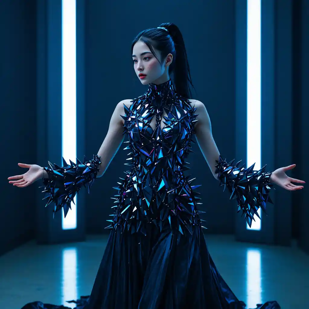 Modelo coreana con vestido de ferrofluido con púas y fragmentos de cromo