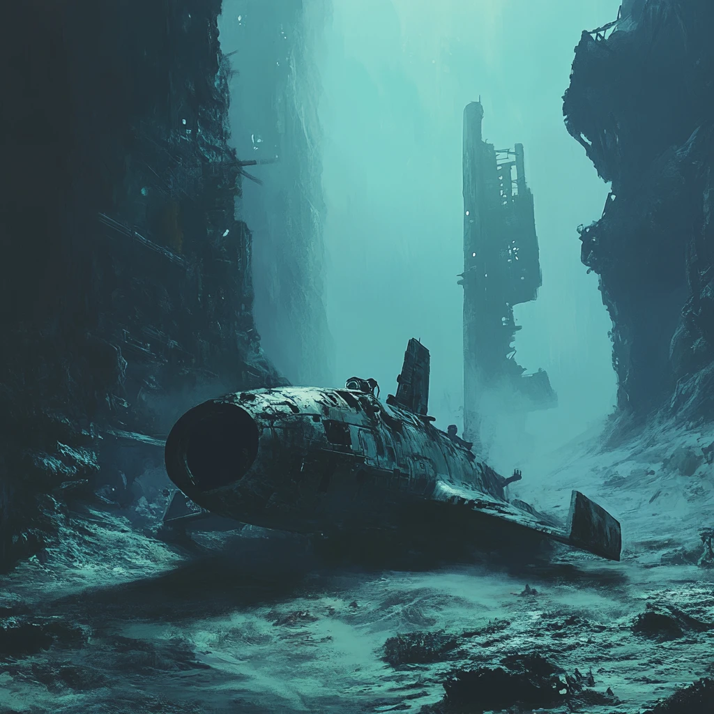 Abandoned submersible on seabed with colossal skeletal ruins