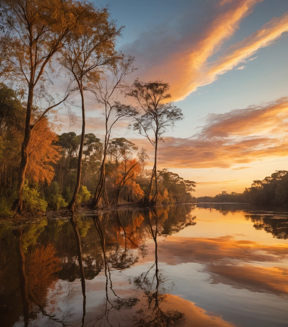 Coucher de soleil sur un paysage fluvial paisible avec de grands arbres
