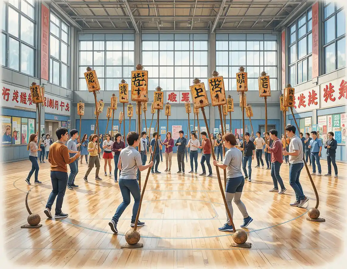 Group of people playing musical chairs in a bright gym