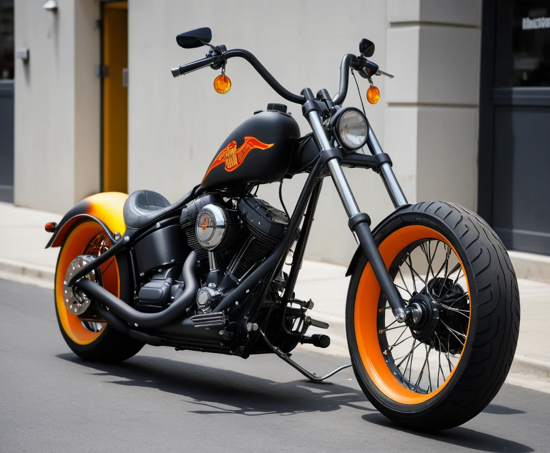 Matte black custom chopper motorcycle parked on city street