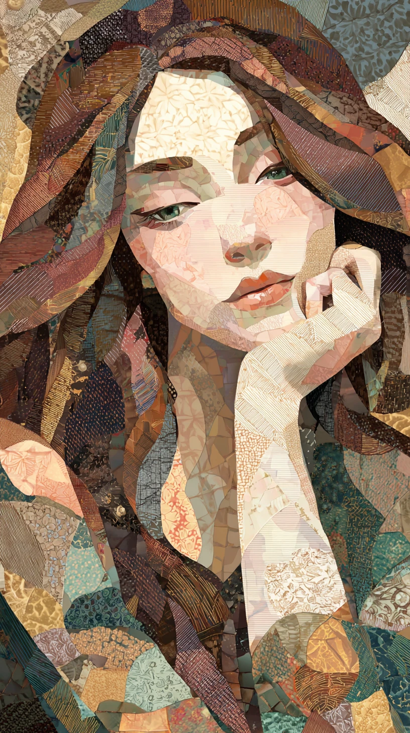 Dreamy long haired girl in layered collage illustration
