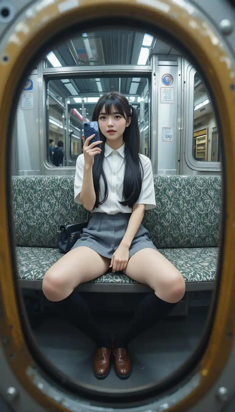 Studentessa seduta sulla panchina del treno con telefono e borsa