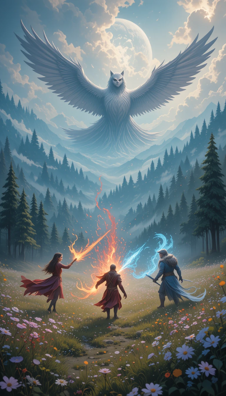Fantasy battle of elemental beings on a wild prairie