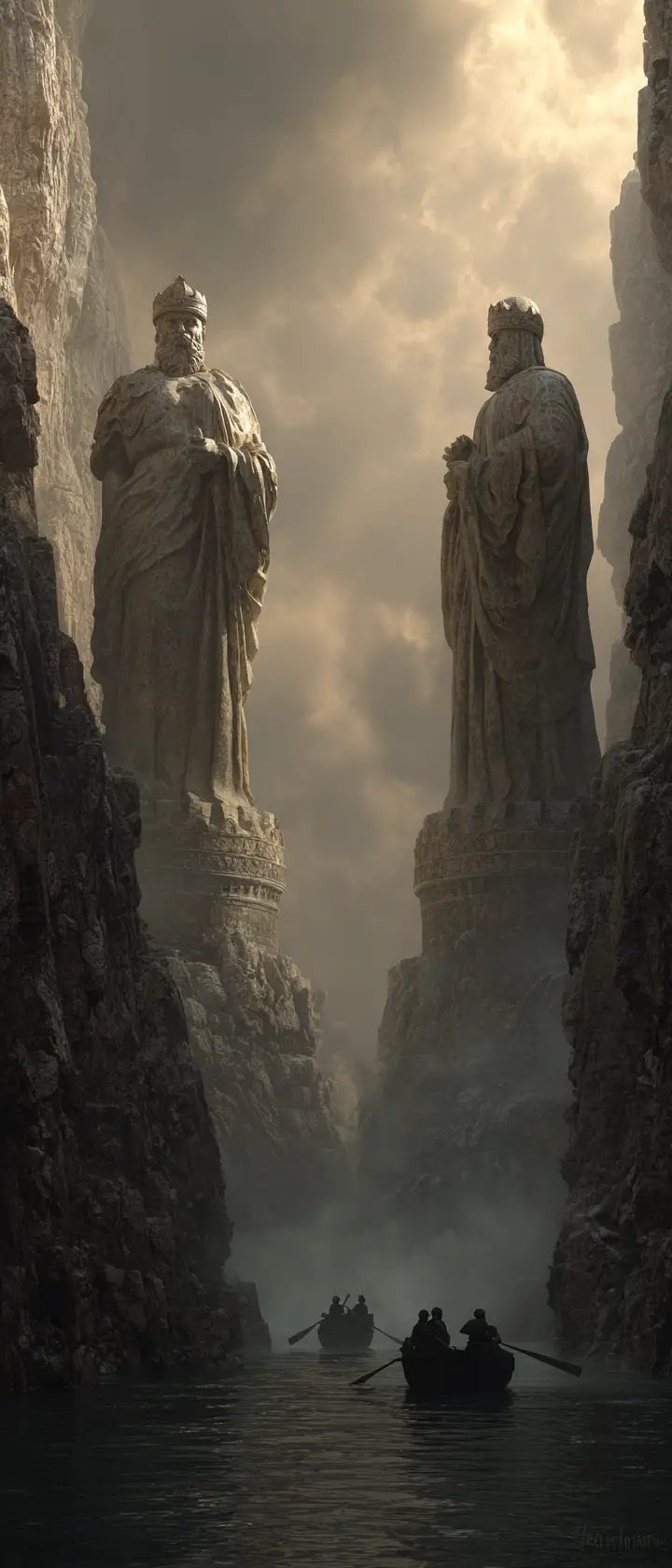 Colossal Stone Guardians Over Stormy Sea Passage