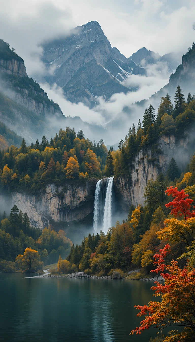 Lago di montagna avvolto nella nebbia con foresta e cascata