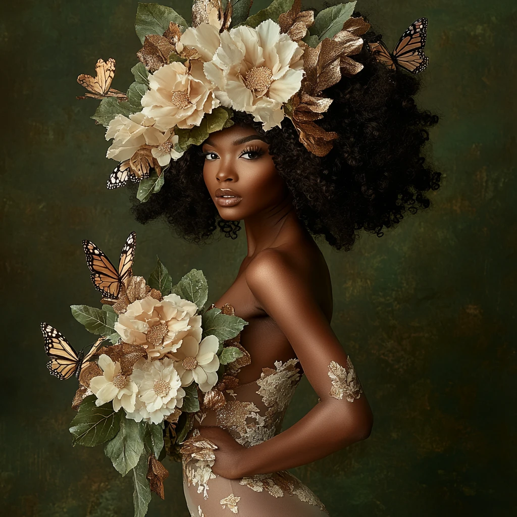 Retrato elegante de uma mulher negra com cachos e flores