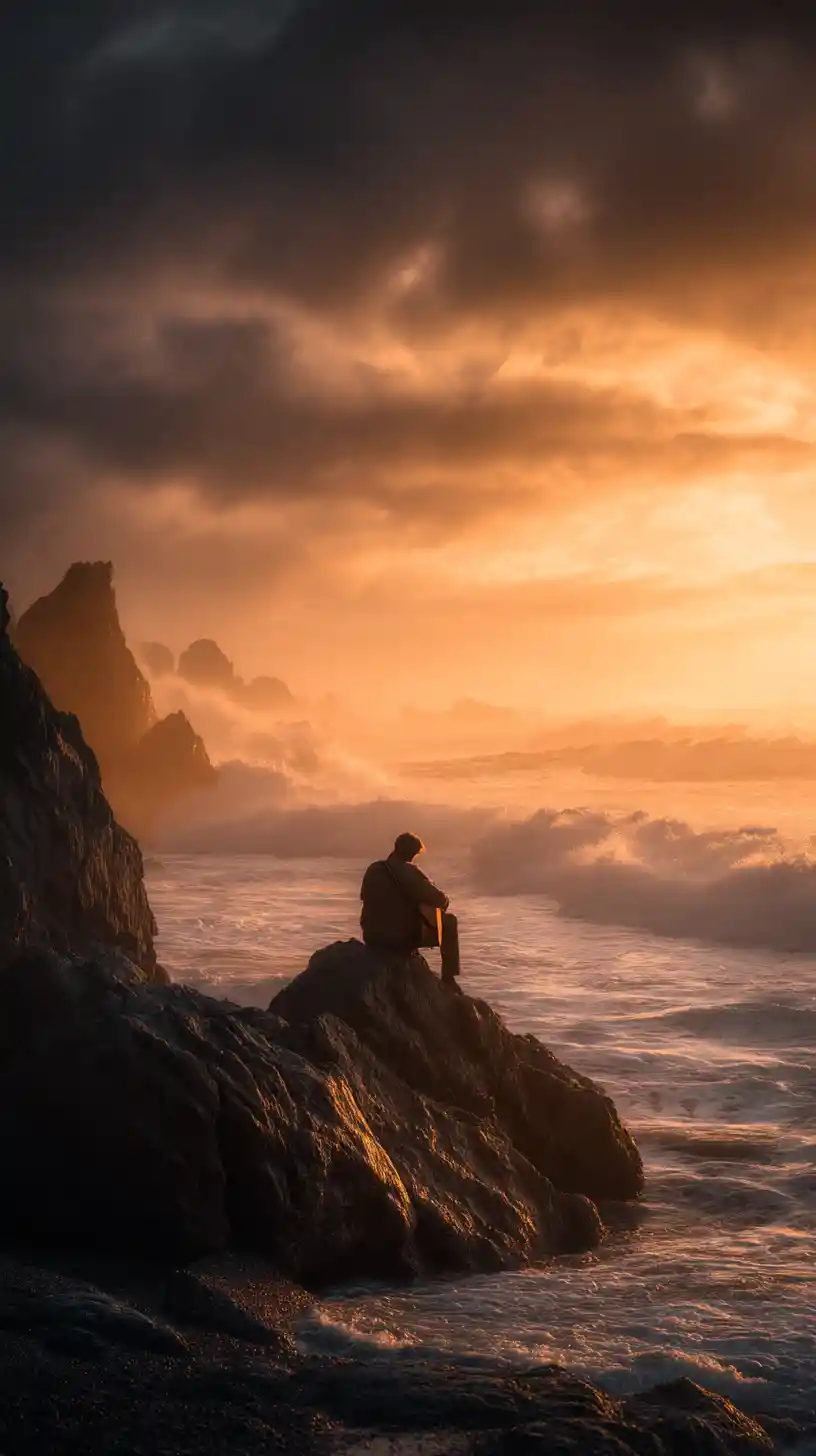 Man Playing Guitar On Rocky Coast At Stormy Sunset