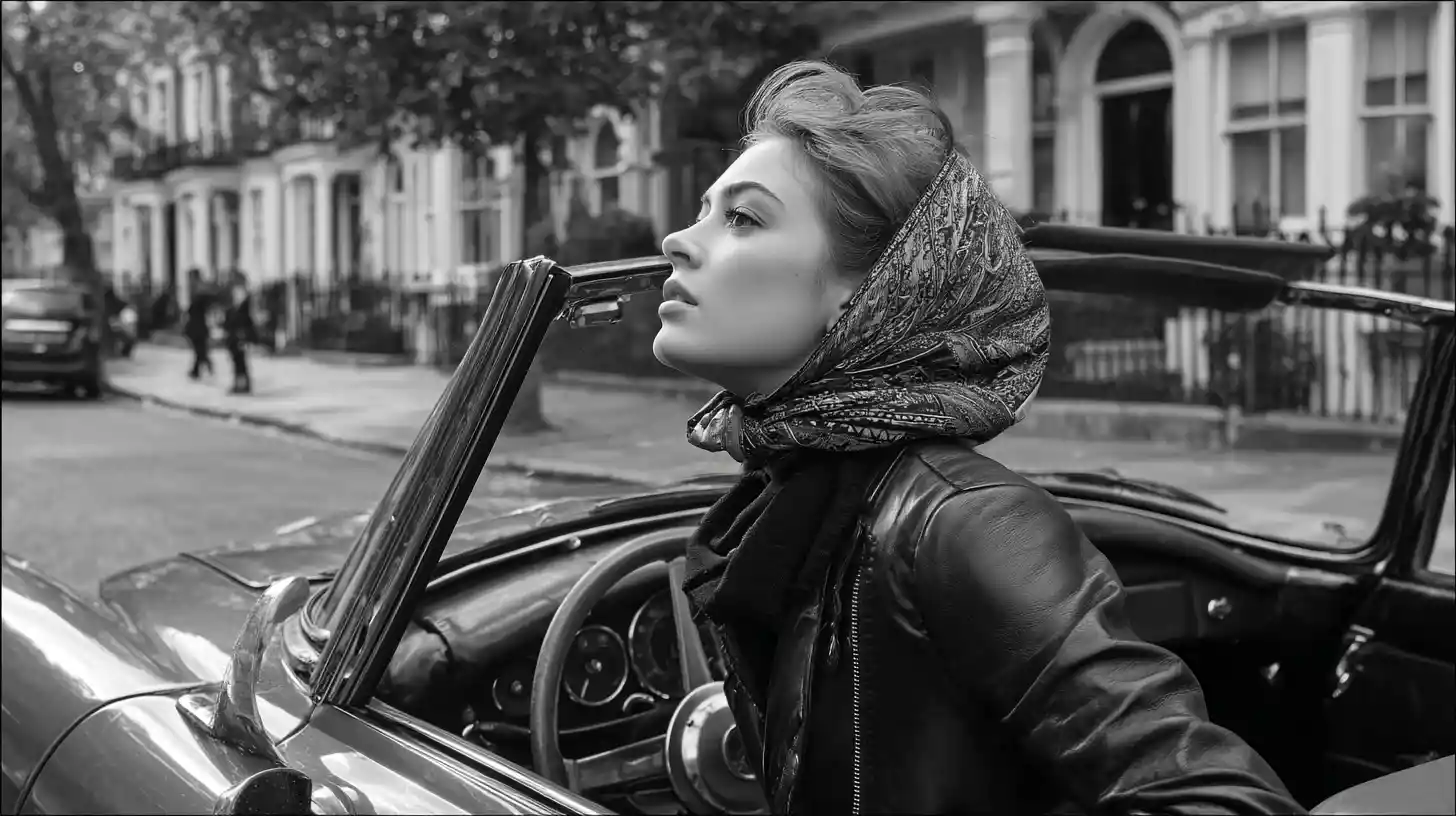 Frau mit Kopftuch in einem Vintage-Cabrio in London