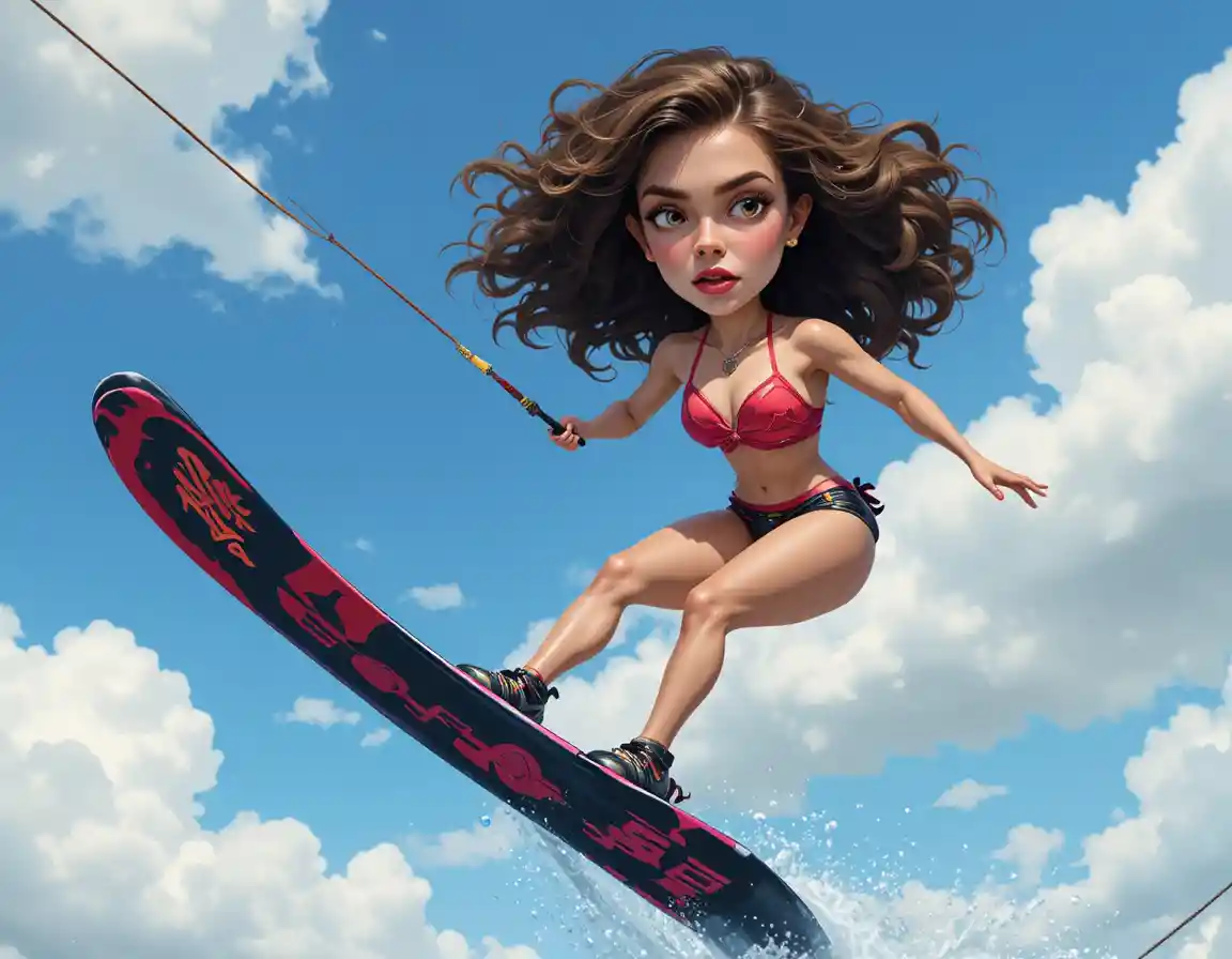 Woman performing aerial water ski trick in red bikini
