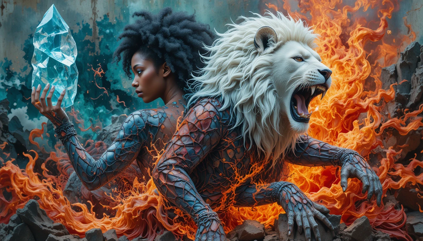 Femme afrocentrique et lion blanc émergeant d’un mur de flammes