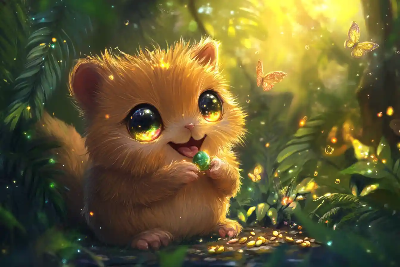 Kawaii fantasy agouti holding a glowing magical seed