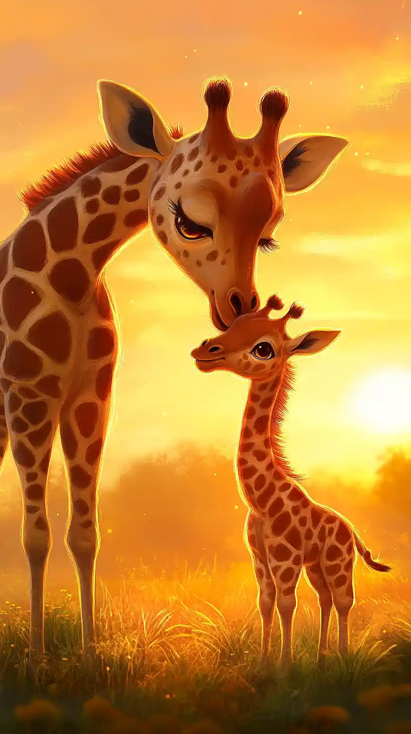 Kawaii giraffe mother and calf in warm savanna sunset