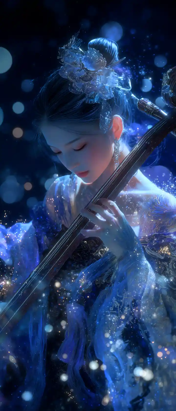 Japanese girl playing shamisen under a starry night sky