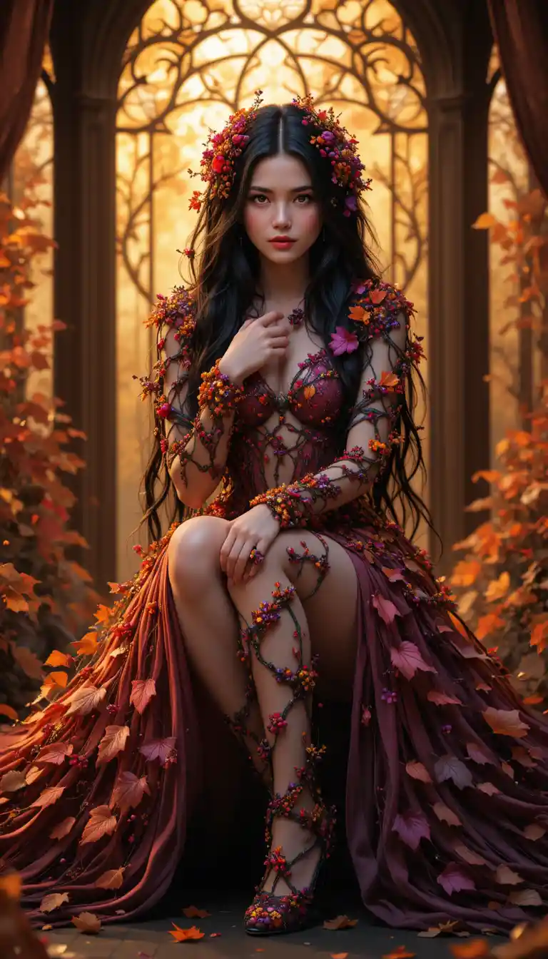Autumn goddess woman seated in a full body pose