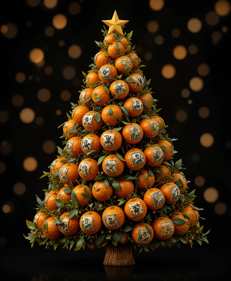 Spirale de mandarines formant un sapin de Noël abstrait et festif