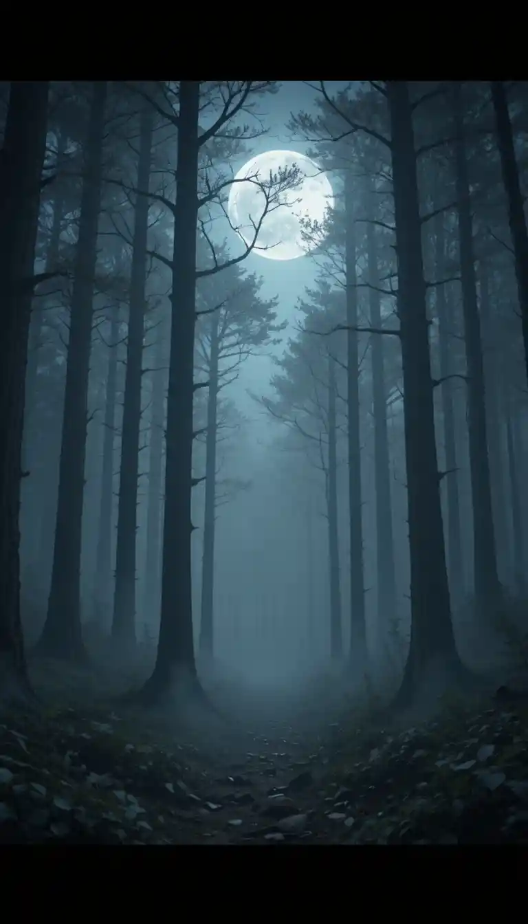 Moonlit foggy forest with tall shadowy trees
