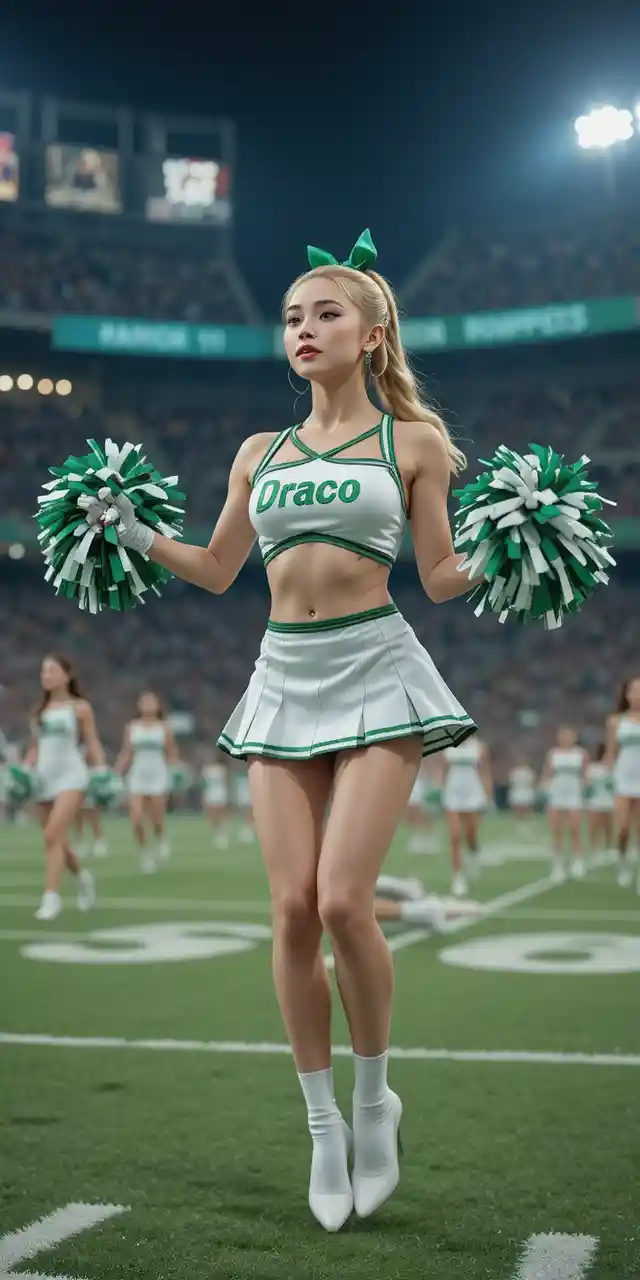 Cheerleader jumping with pompoms on a football field