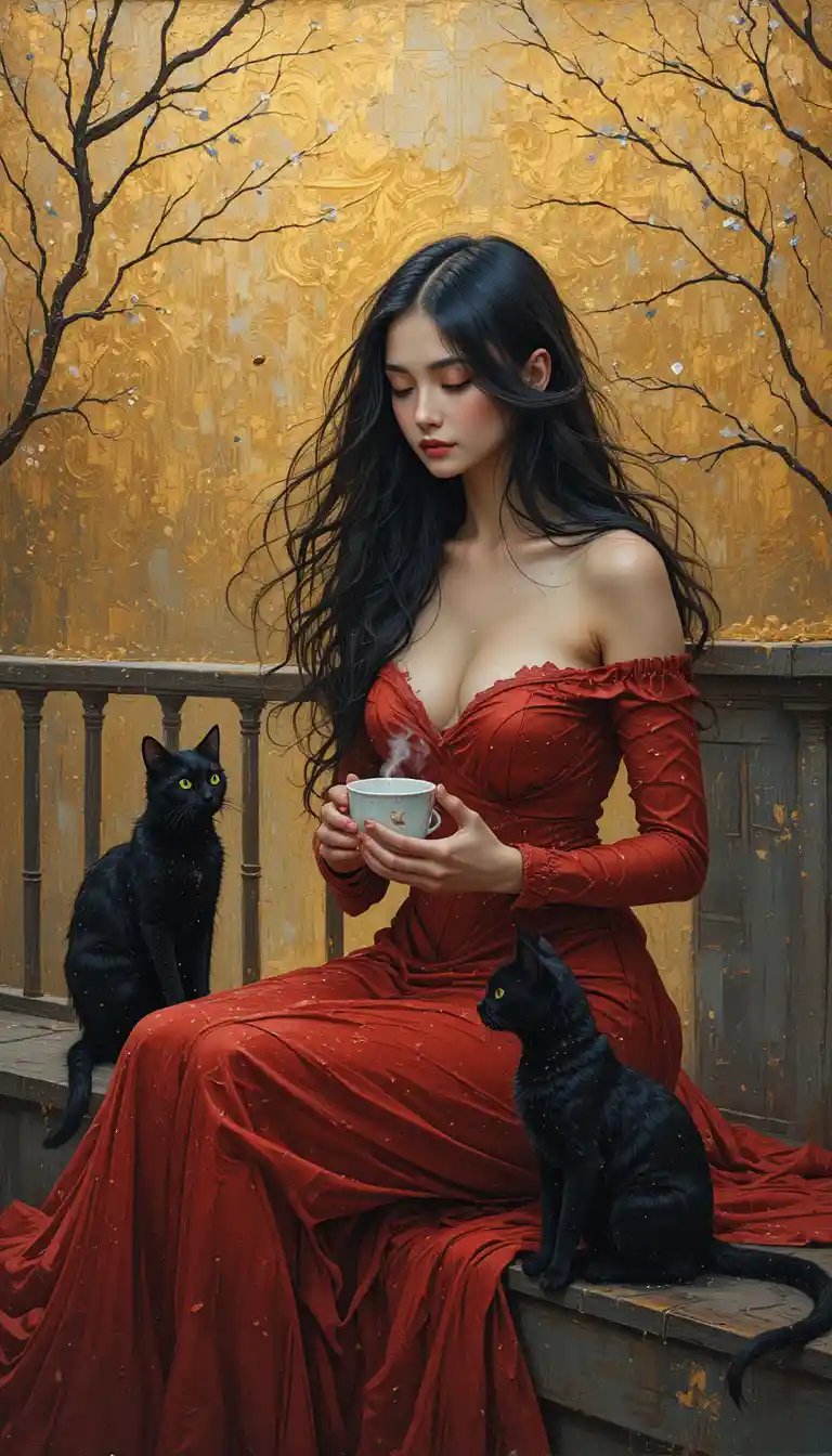 Young woman in red dress on balcony with black cat
