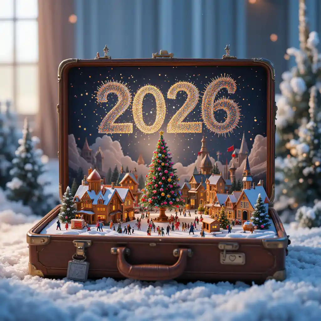 Magical miniature Christmas village inside an open suitcase