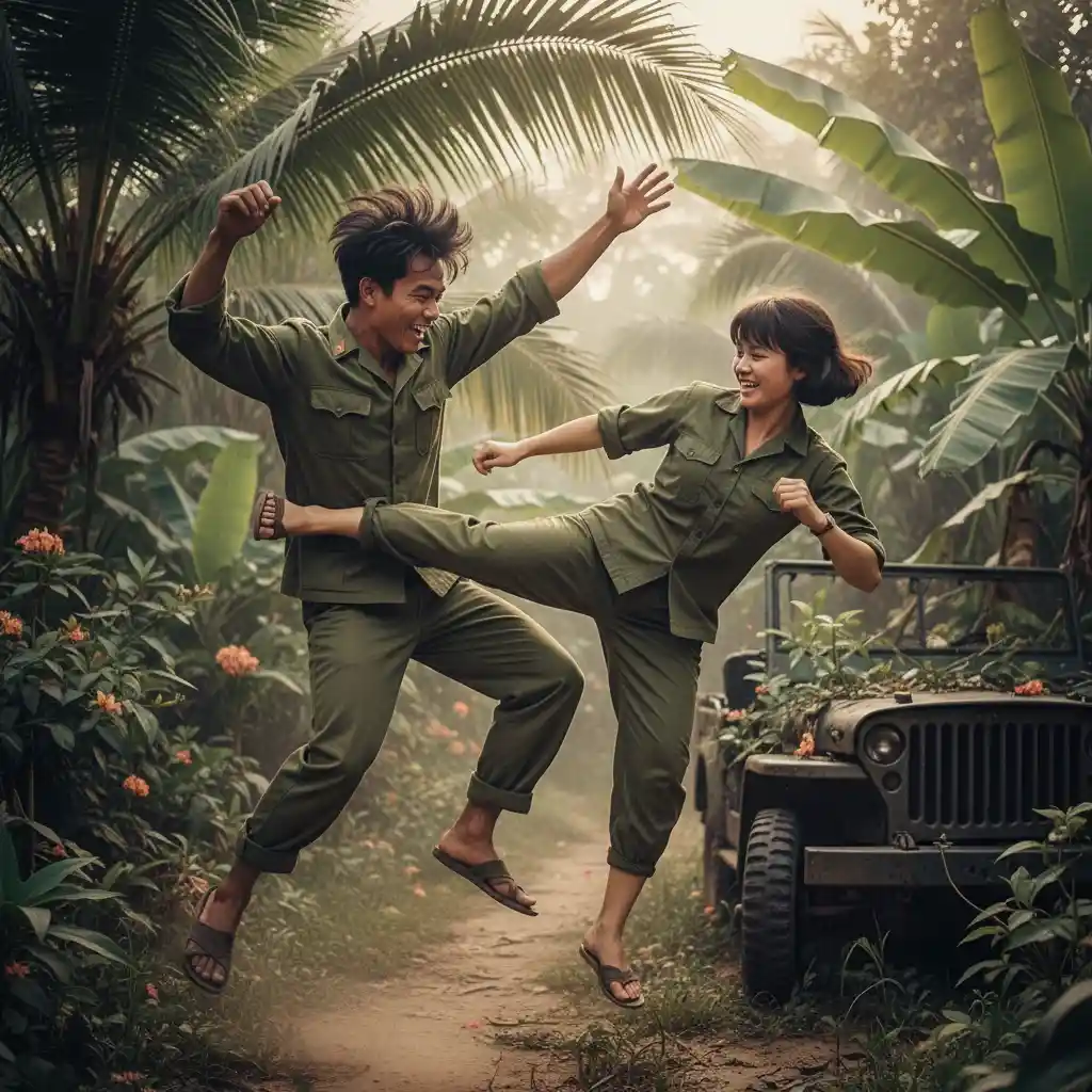 North and South Vietnamese soldiers spar in jungle