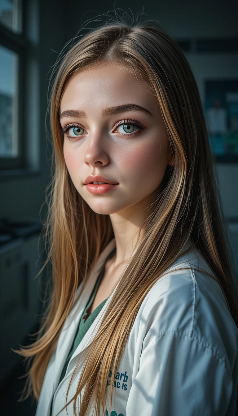 Side lit young girl in a white lab coat at clinic