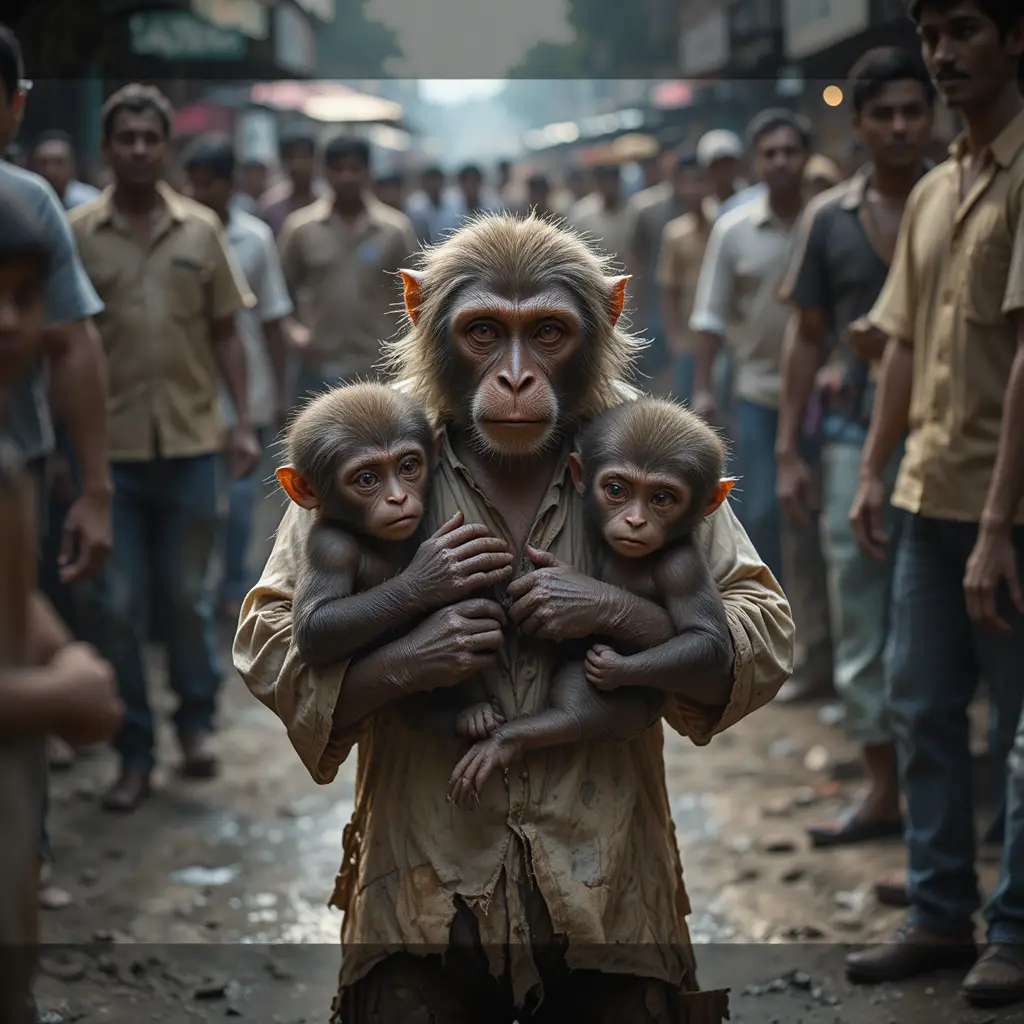 Cinematic scene of a monkey family ignored on city street