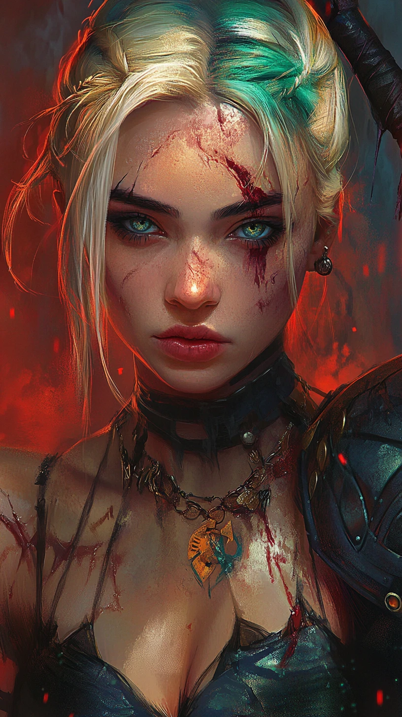 Close up of a blonde warrior maiden in torn fantasy armor