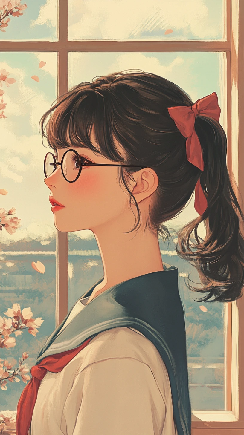 Elegant Japanese schoolteacher in vintage uniform and glasses