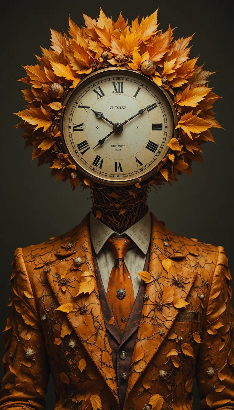 Surreal portrait of a clock headed figure in leaf suit
