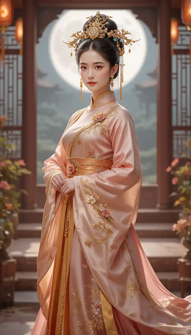 Chinese queen in pink hanfu in imperial palace hall
