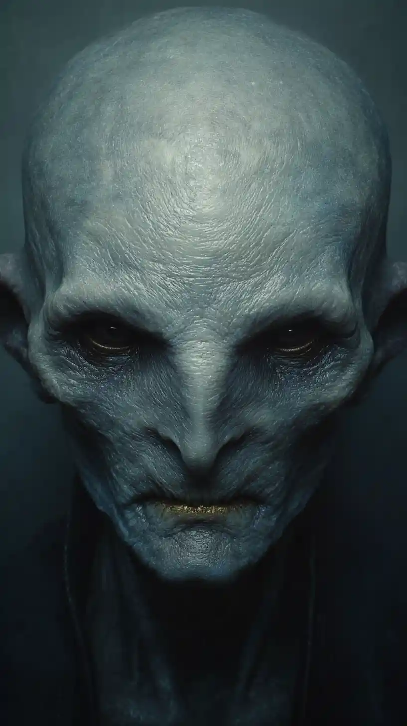 Grotesque humanoid creature portrait in cinematic blue studio