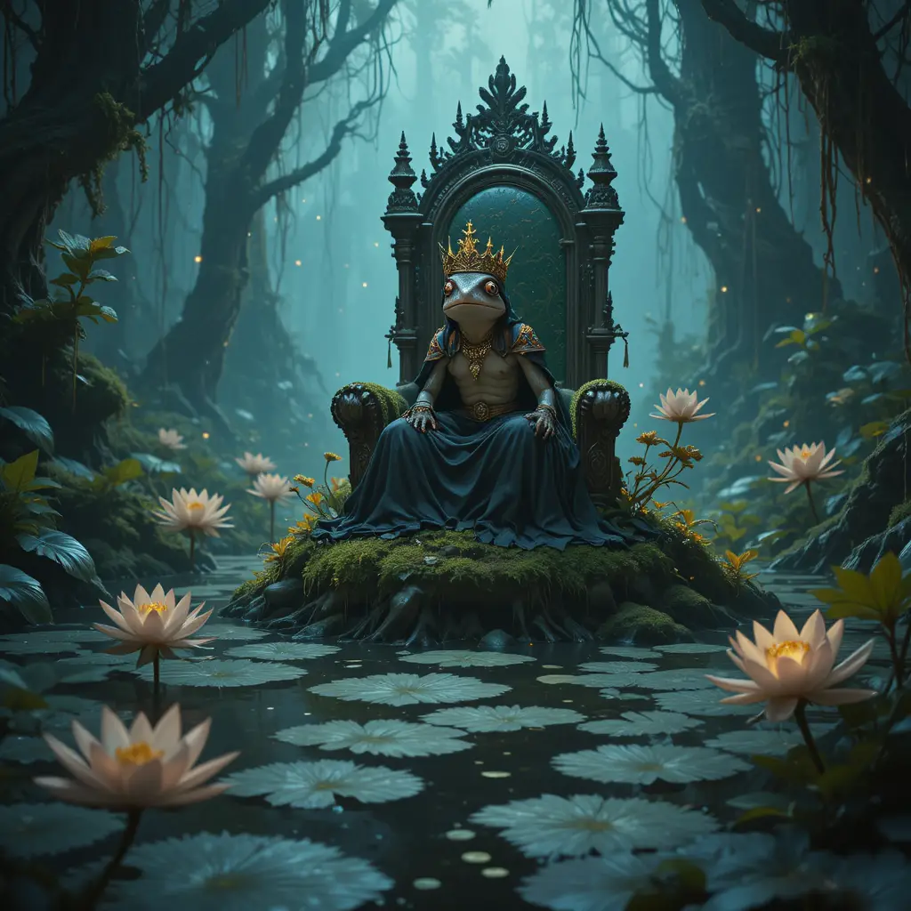 Regal frog king on a mossy throne in glowing swamp