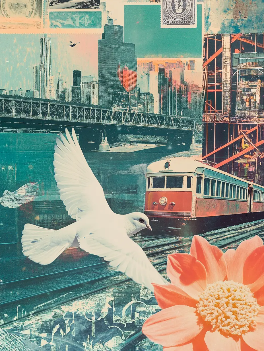 Collage of stencil style city and travel themed illustrations